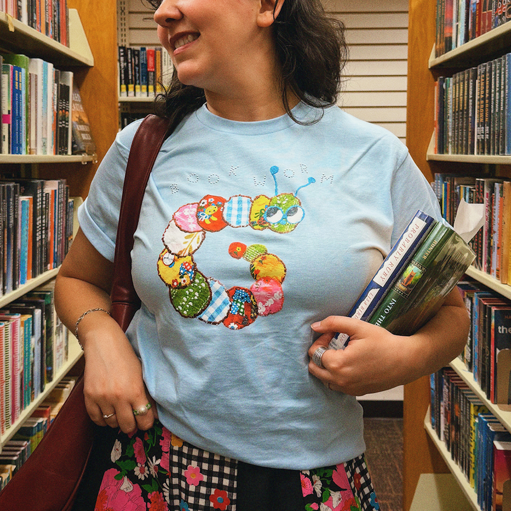 Bookworm t-shirt 🐛 baby blue vintage graphic, 100% recycled cotton