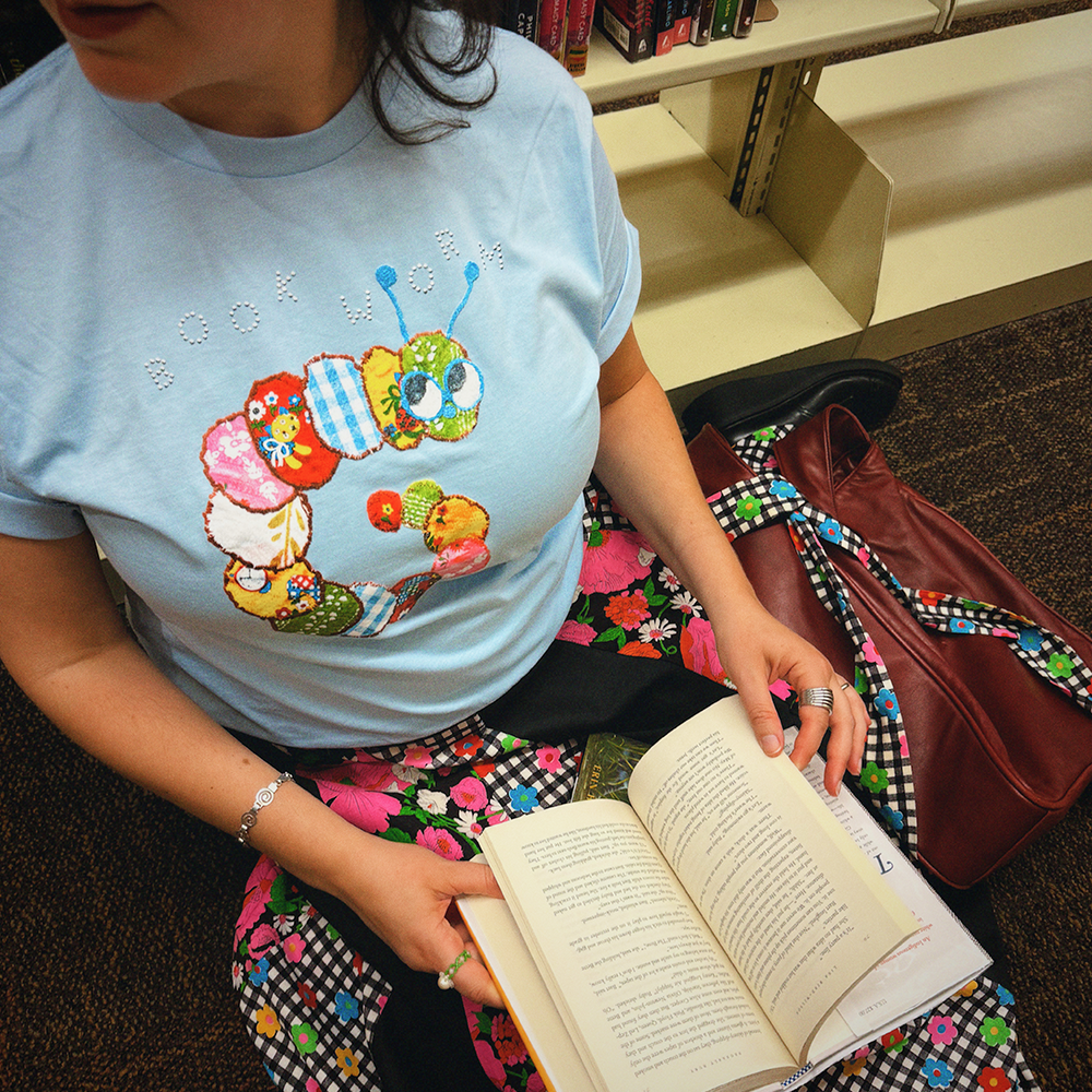 Bookworm t-shirt 🐛 baby blue vintage graphic, 100% recycled cotton